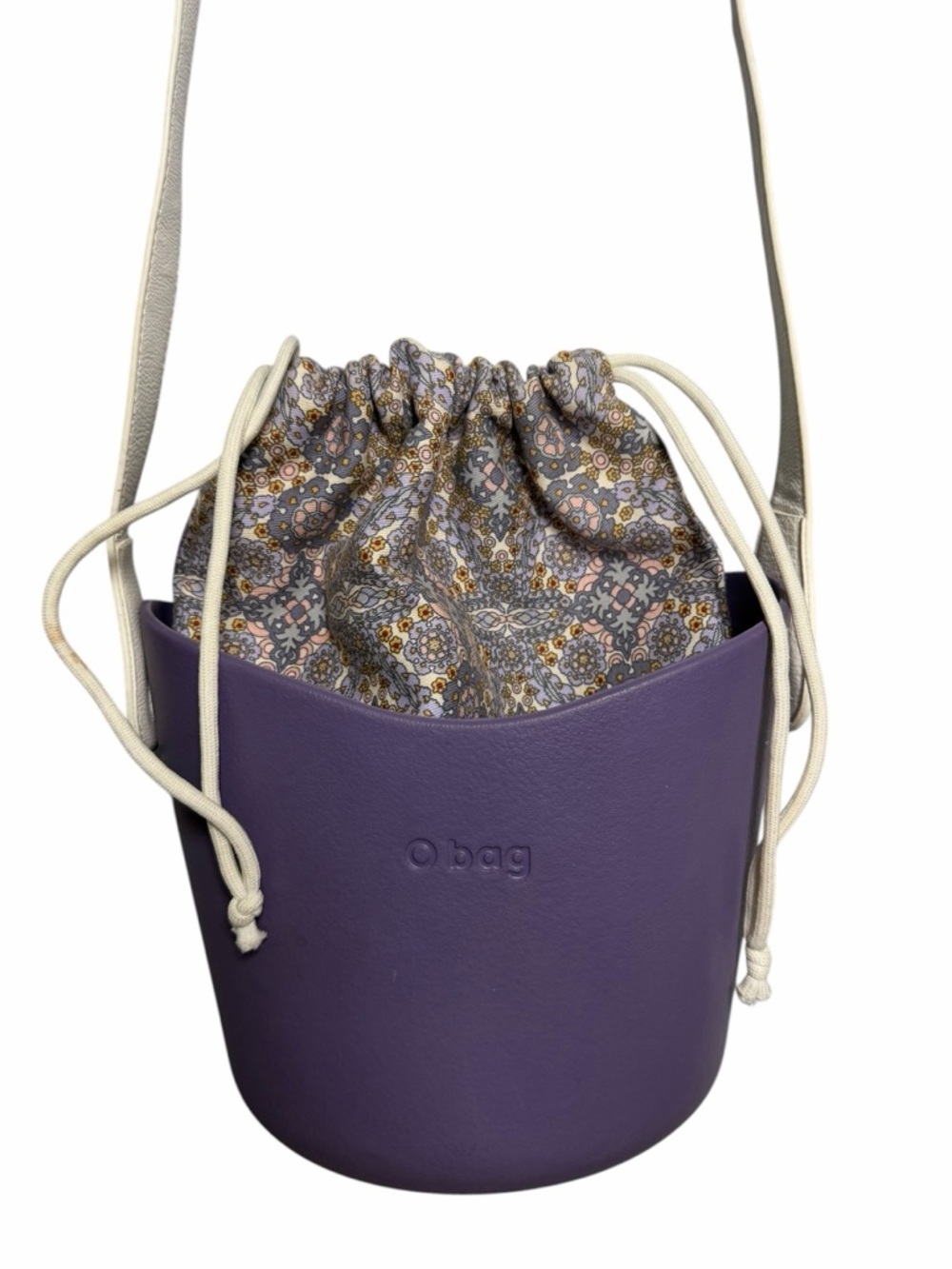O bag Purple Bucket Crossbody with Floral Drawstring Insert and Cream Strap